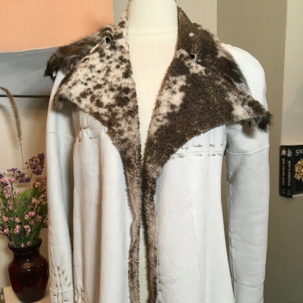 Maxfield Parrish Bone White Leather Fur Collar Coat